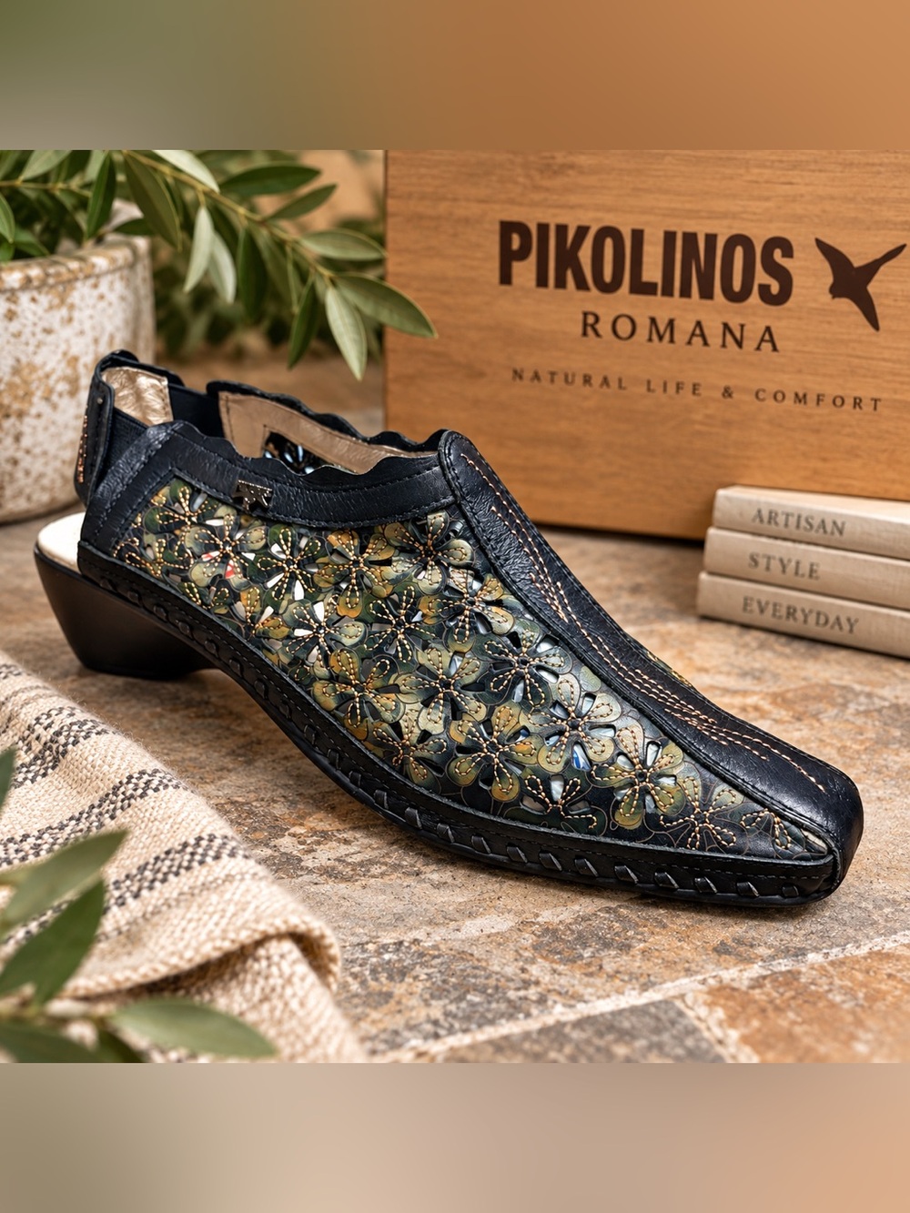 Pikolinos Romana Floral Leather Slingback Wedge Shoes Black Green Women’s Sz 10